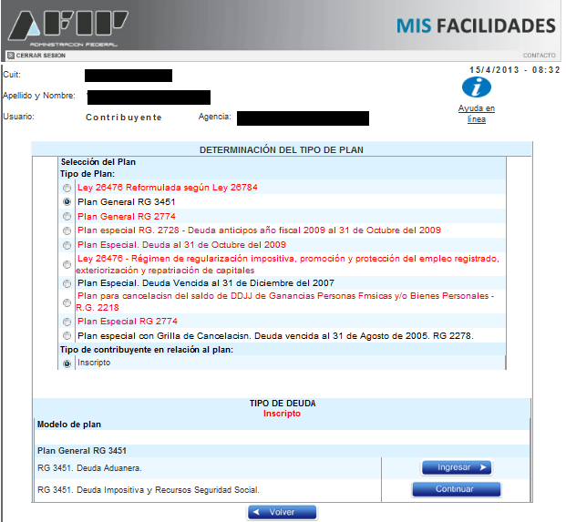 Determinación del tipo de plan - AFIP - RG 3451