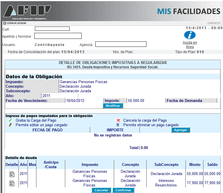 Detalle de obligaciones impositivas a regularizar - AFIP - RG 3451